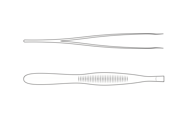 Black-and-white industrial design drawing of tweezers, with a side view and top view. The top view reveals ridges for non-slip gripping.