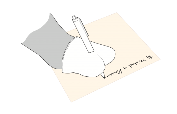 A technical drawing of Cindy's hand, wearing the pen holder and writing a letter.